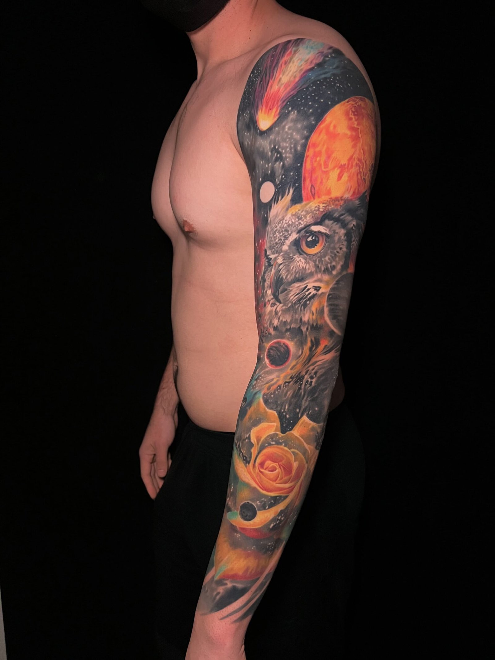 Owl + Rose + Space galaxy color tattoo